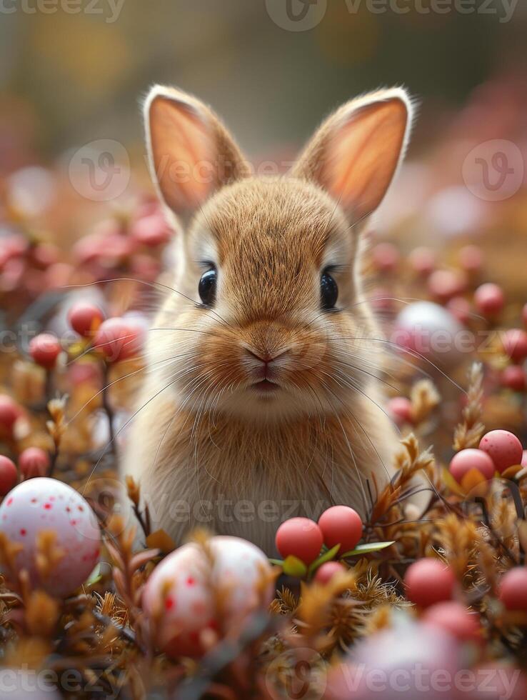 ai generiert süß wenig Hase im Frühling Wald unter bunt Ostern Eier foto