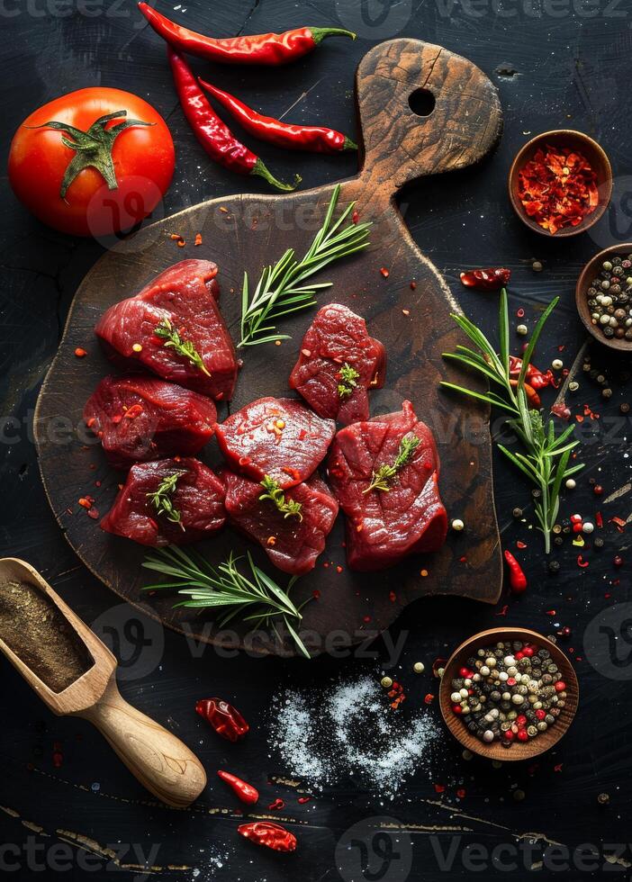 ai generiert roh Fleisch Steaks auf Schneiden Tafel mit Rosmarin Tomaten heiß Pfeffer Salz- und Gewürze foto
