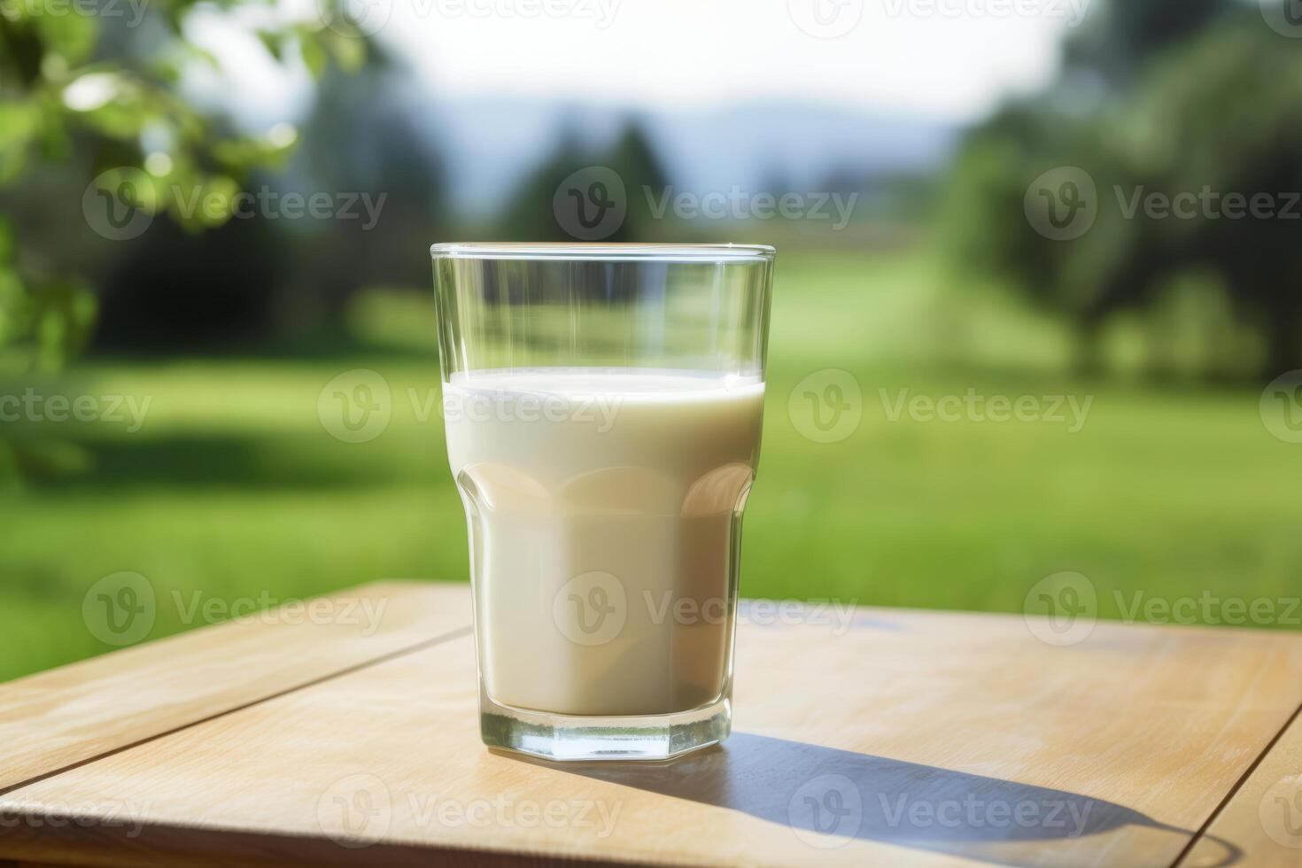 ai generiert Glas von Milch auf das Tabelle foto