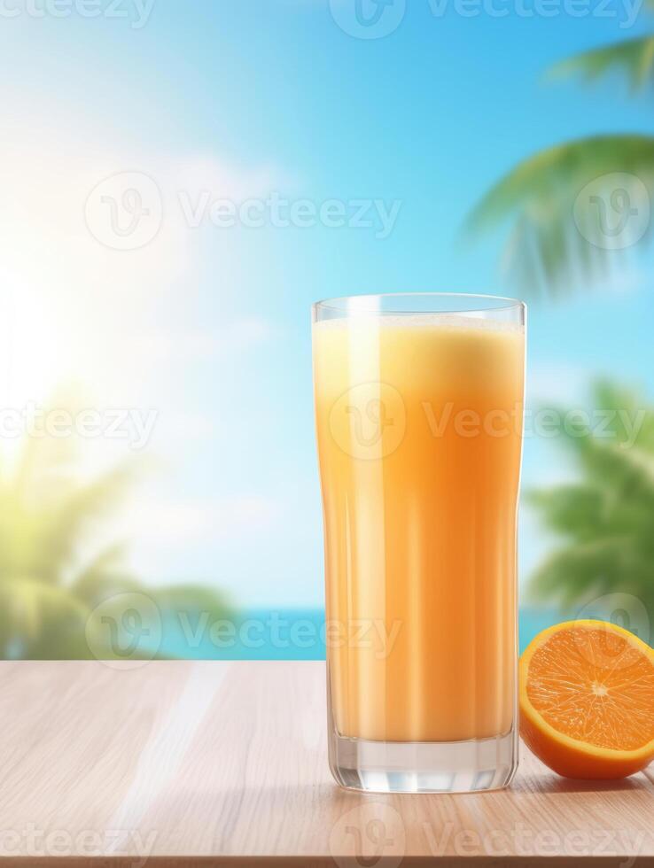 ai generiert Glas von Orange Saft auf Sommer- Hintergrund foto