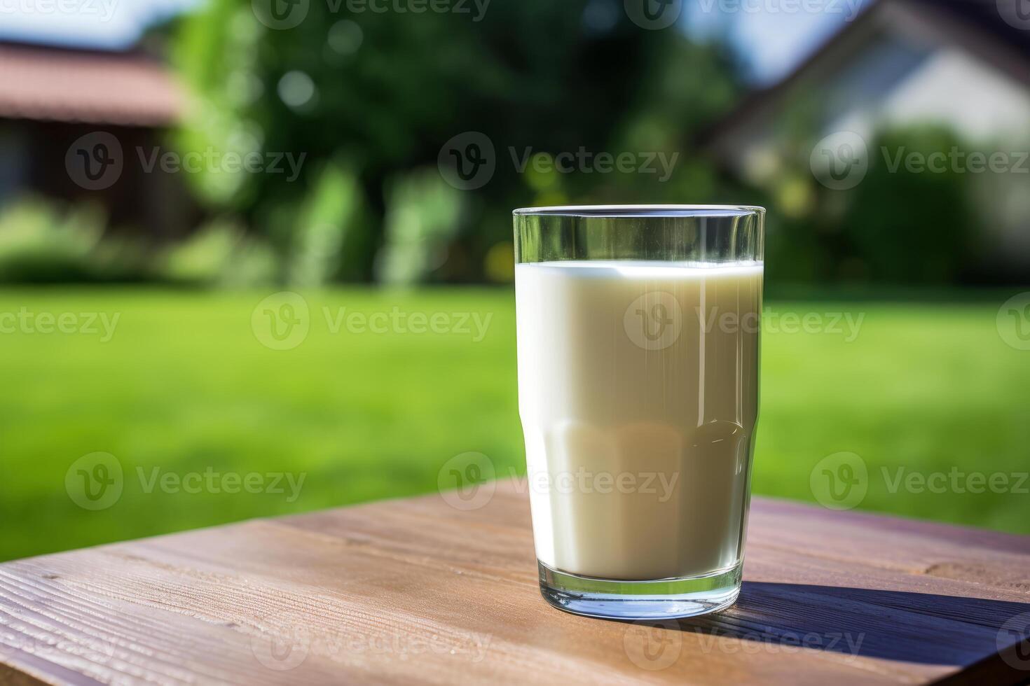 ai generiert Glas von Milch auf das Tabelle foto