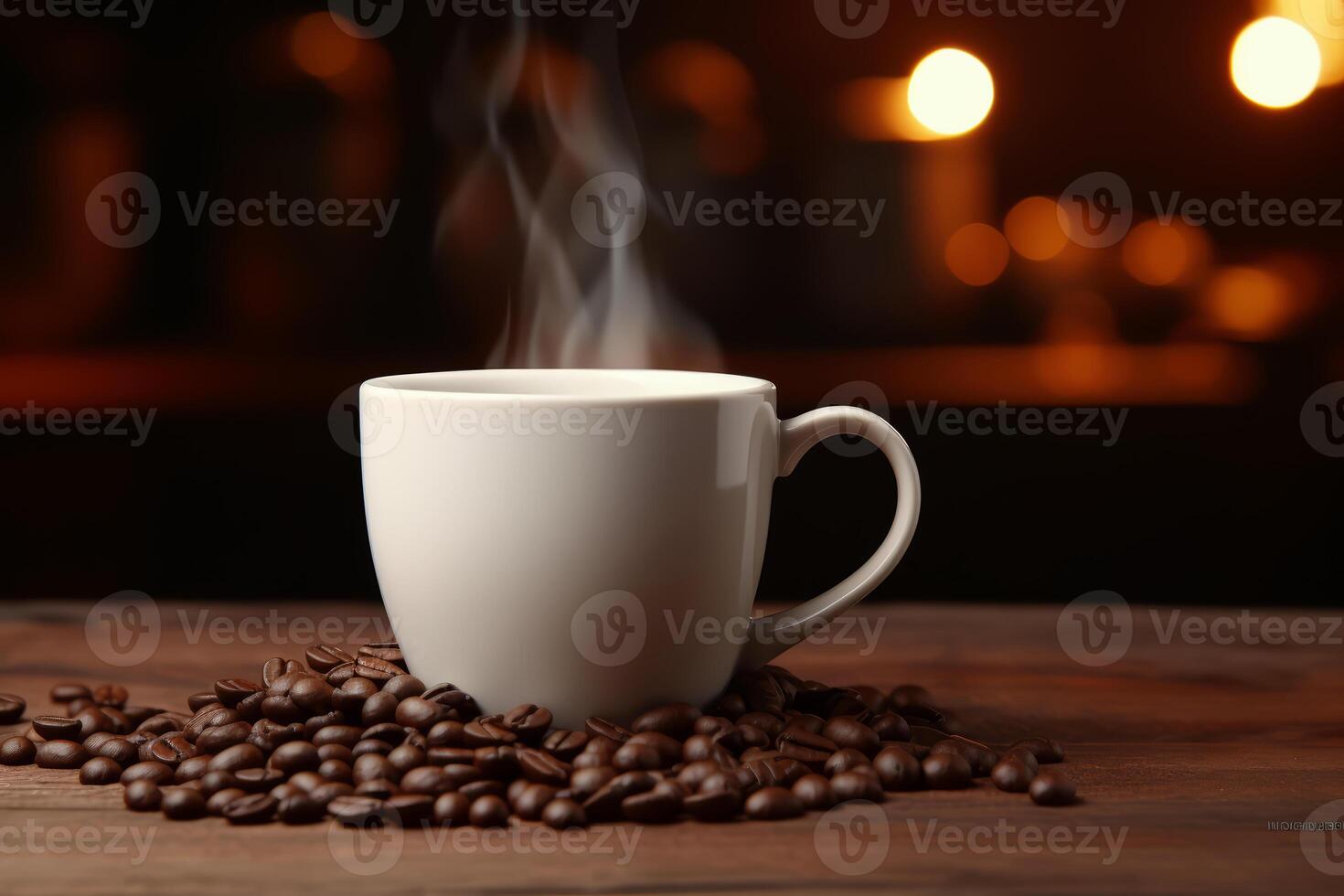 ai generiert Tasse von Kaffee mit Bohnen auf hölzern Tabelle foto