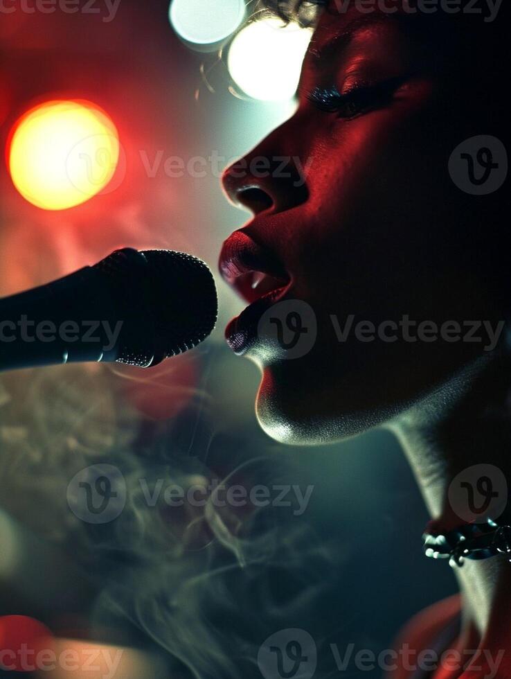 ai generiert ein Frau ist Singen in ein Mikrofon mit Rauch Kommen aus von ihr Mund foto