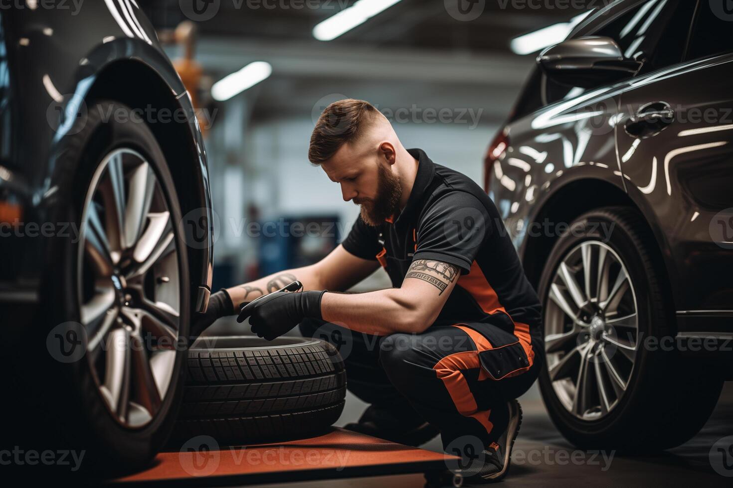 ai generiert Auto Mechanik Ändern Reifen beim Auto Reparatur Geschäft Garage foto