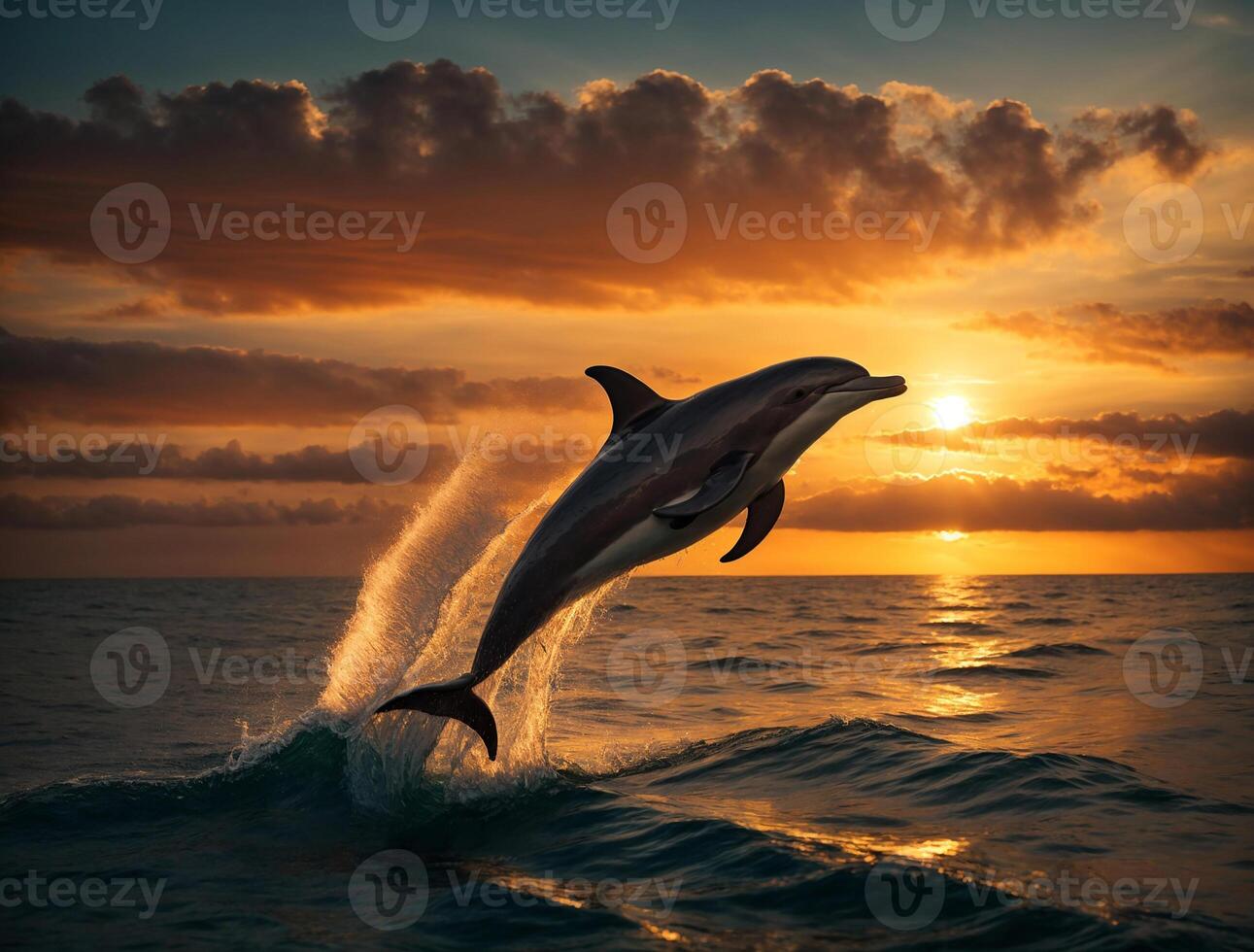 ai generiert Delfin Springen aus von das Wasser beim Sonnenuntergang foto
