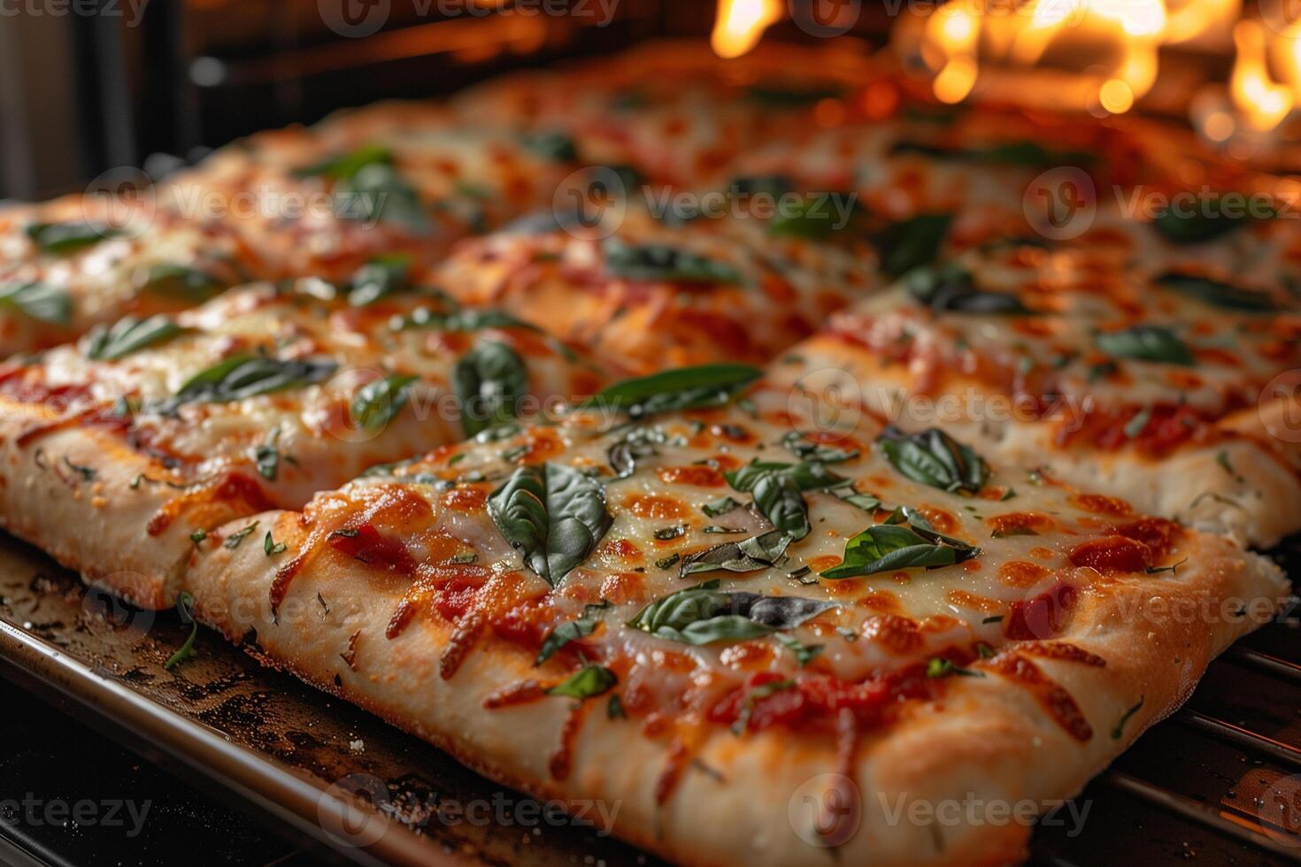 ai generiert hausgemacht Platz Pizza mit Basilikum, auf ein Backen Blatt im das Ofen foto