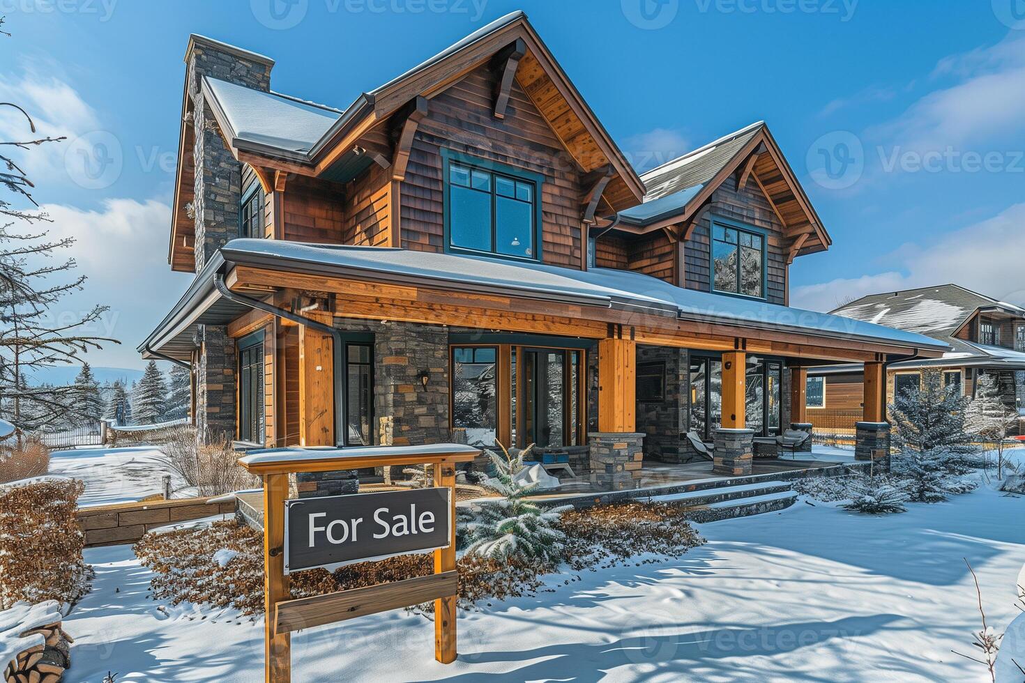 ai generiert ein schön modern Land Haus zum Verkauf mit ein zum Verkauf Zeichen im Vorderseite von das Haus foto