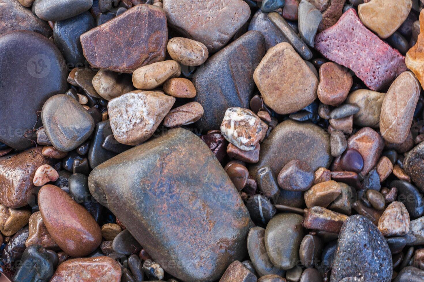 Textur von nass glänzend klein Meer Steine foto