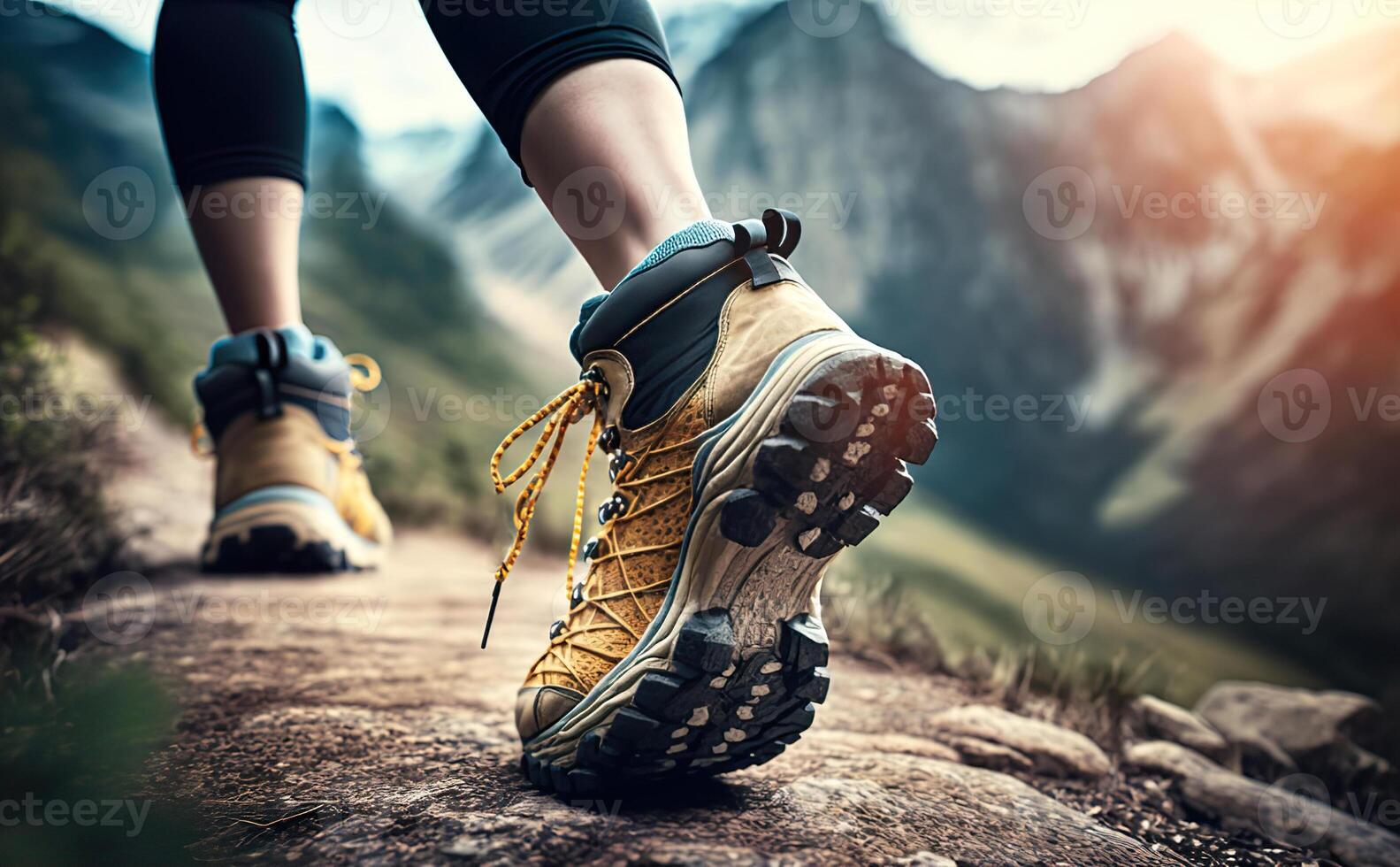 ai generiert Laufen Sneaker Schuh Sohle, einzig, alleinig auf schwer felsig Terrain auf Berg Pfad während Ultra Weg Marathon- Wettrennen, sportlich Mann, trainiert Beine während trainieren draußen. foto