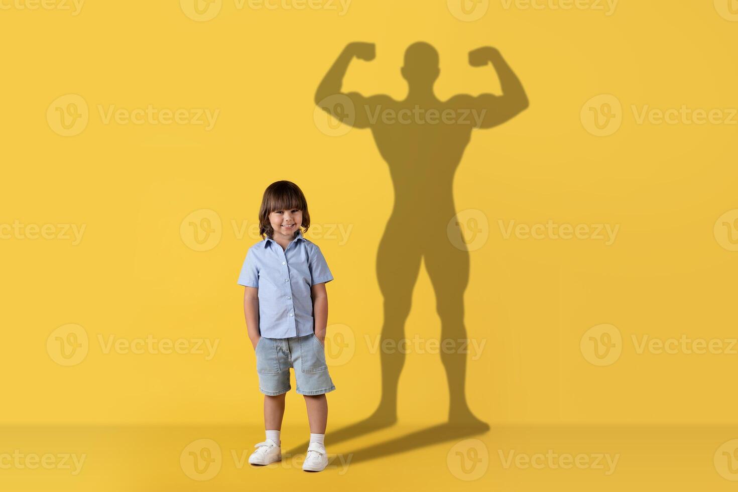 ein heiter jung Kind steht lächelnd mit ein zuversichtlich, muskulös Superheld Schatten Besetzung foto