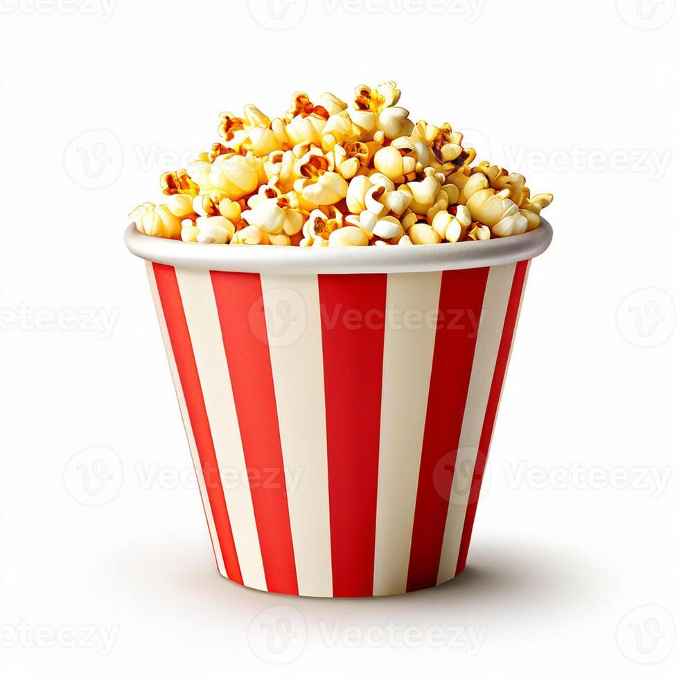 ai generiert Papier Tasse frisch Popcorn auf Weiß Hintergrund foto