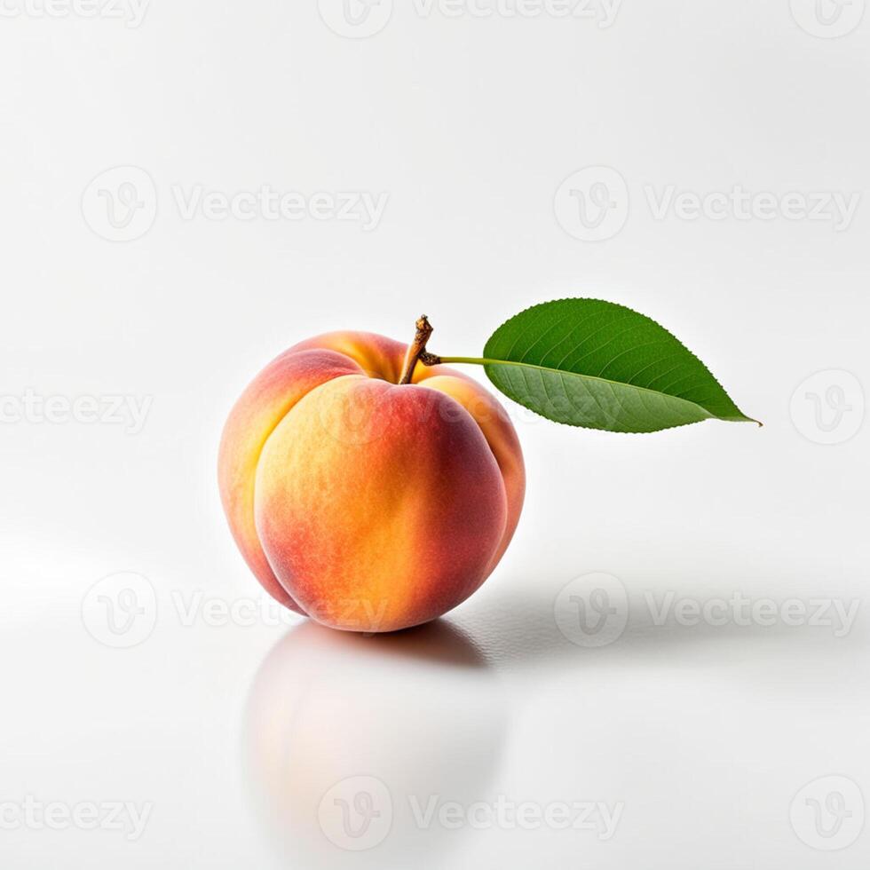 ai generiert ein Pfirsich mit ein Blatt auf es ist auf ein Weiß Hintergrund foto