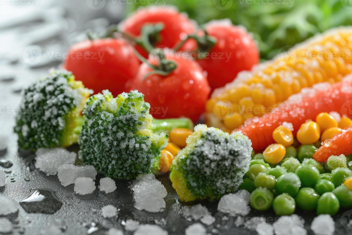 ai generiert gefroren Gemüse Optionen Brokkoli, Kirsche Tomaten, Mais, Erbsen, Möhren. foto