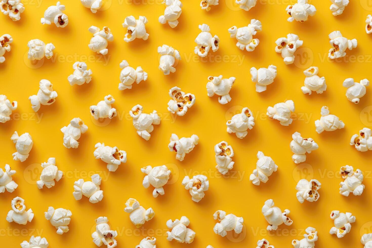 ai generiert Popcorn Muster auf Gelb Hintergrund. oben Aussicht foto