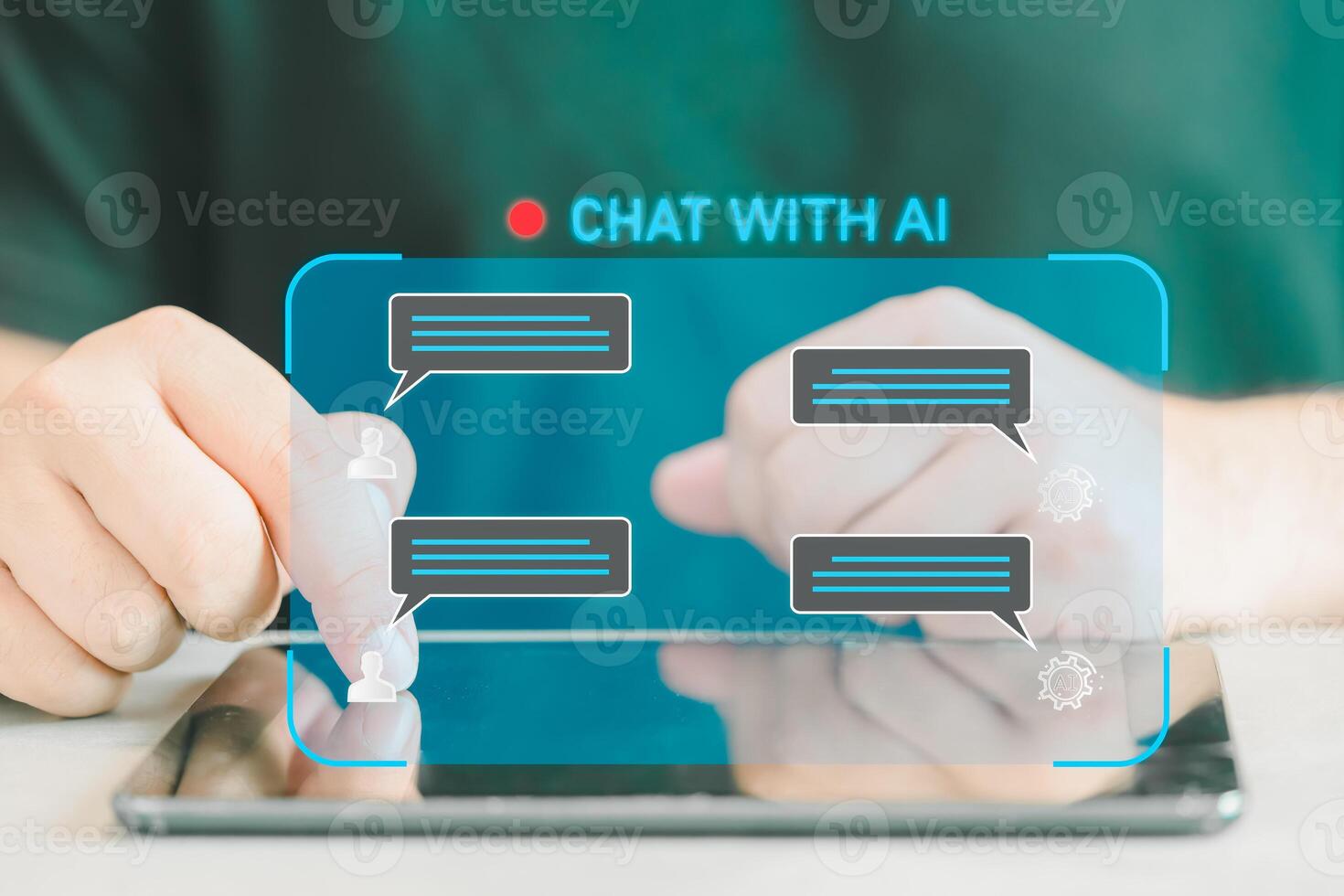 Chatbot Konversation Assistent. Person mit online Kunde Bedienung mit Plaudern bot zu erhalten Unterstützung. foto