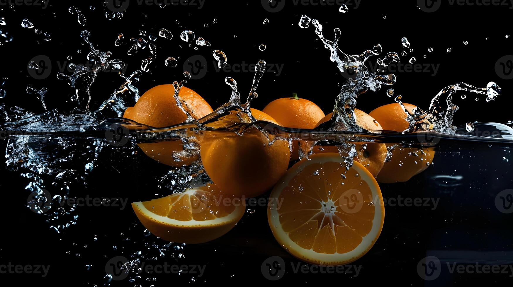 ai generiert Foto von ein beschwingt Orange untergetaucht im ein Schwimmbad von Wasser, Erfassen es ist saftig Einzelheiten. ein Nahansicht von Orange Scheiben und Luftblasen Orange Scheiben Orangen schwebend.