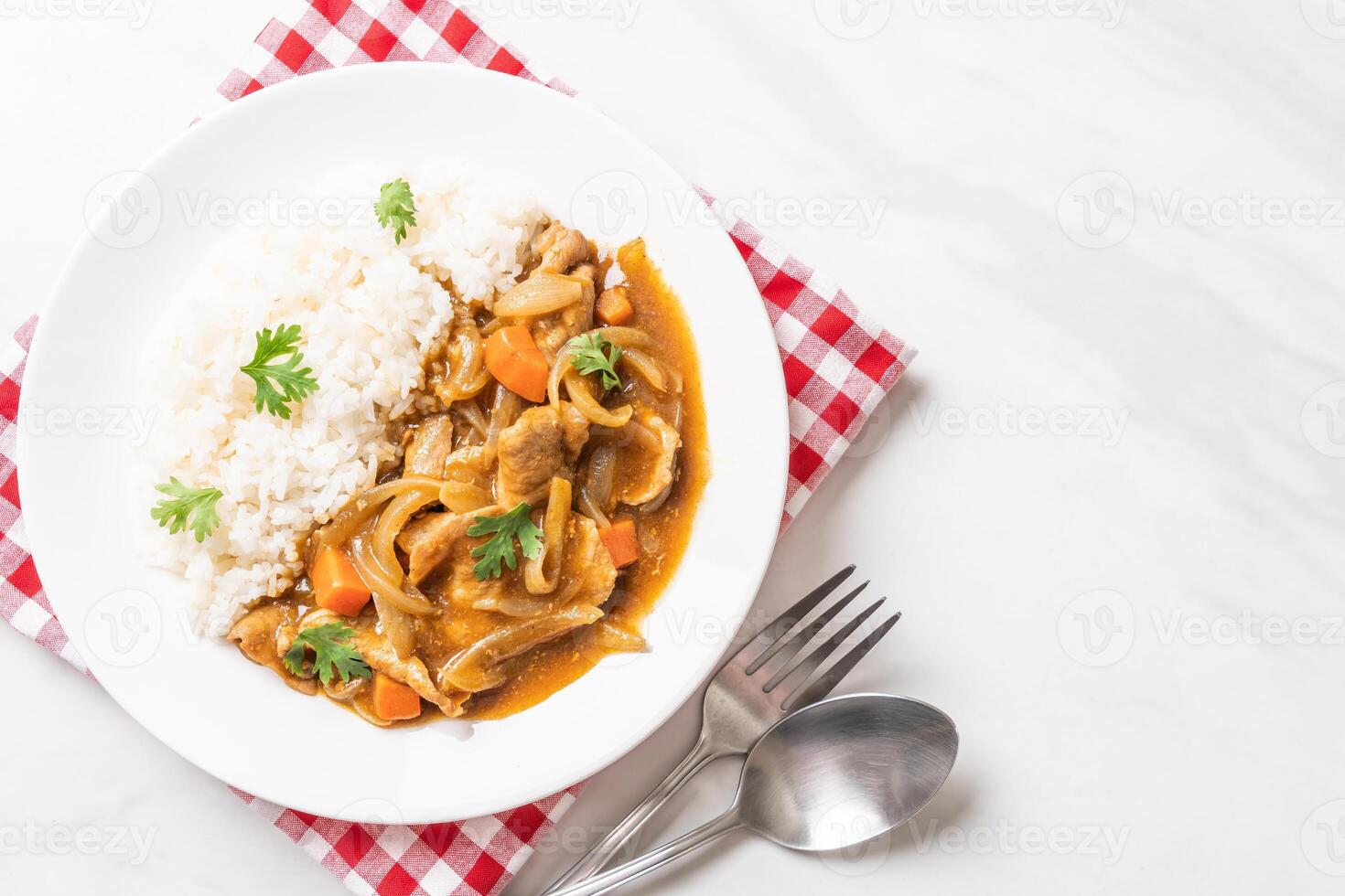 japanischer Curryreis mit geschnittenem Schweinefleisch, Karotten und Zwiebeln foto