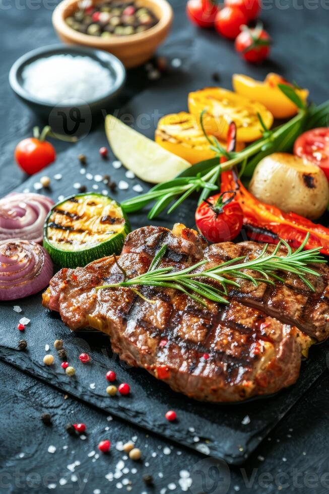 ai generiert gegrillt Steak garniert mit Rosmarin auf dunkel Schiefer Hintergrund beim Abendessen Zeit foto