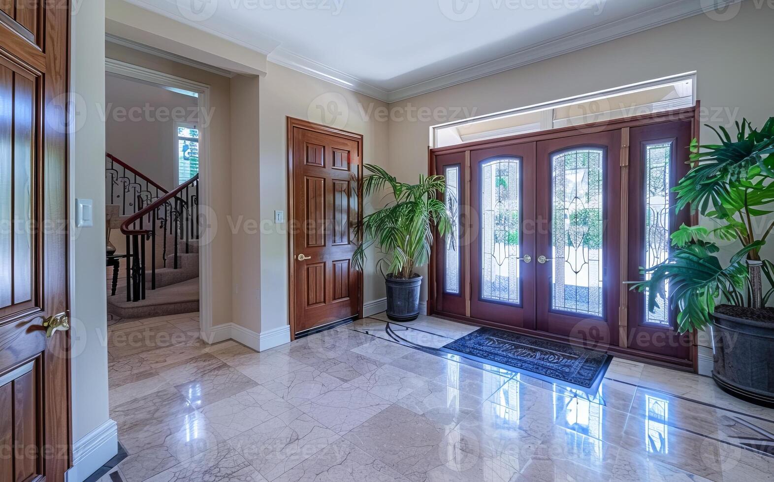 ai generiert elegant Eingang von ein modern Zuhause mit Marmor Bodenbelag und natürlich Licht foto