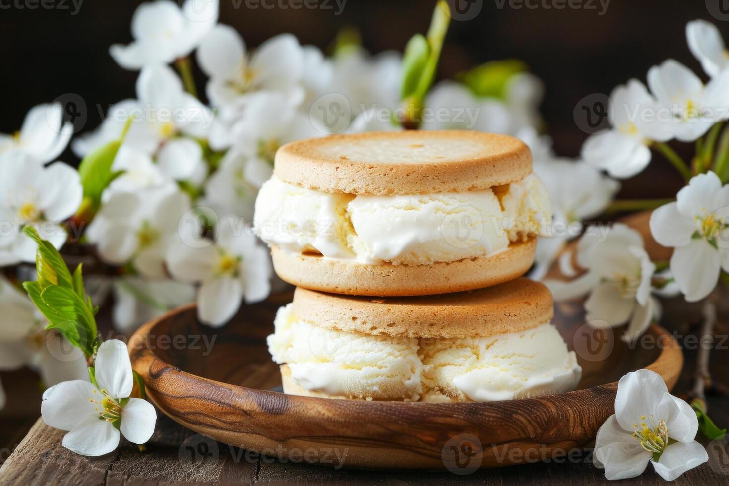 ai generiert Vanille Eis Sahne Sandwiches mit zuckerhaltig Kekse auf ein hölzern Teller inmitten blühen Geäst foto