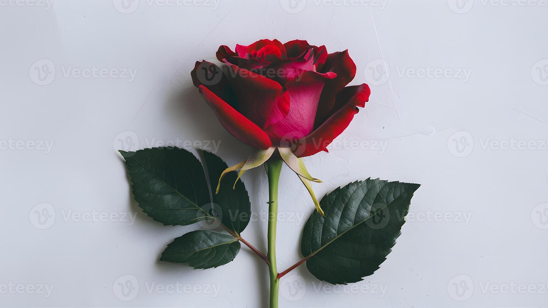 ai generiert isoliert Single rot Rose Blume und Blatt auf Weiß Hintergrund foto