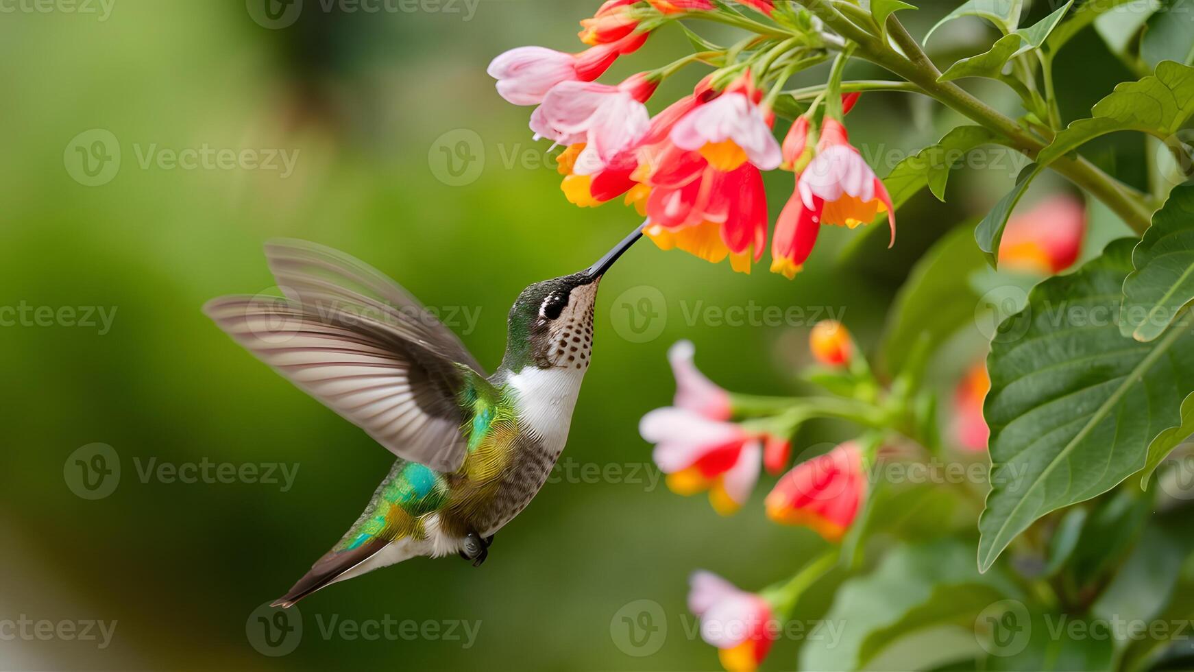 ai generiert Kolibri schwebt anmutig unter ein Schmetterling Busch mit Blumen foto