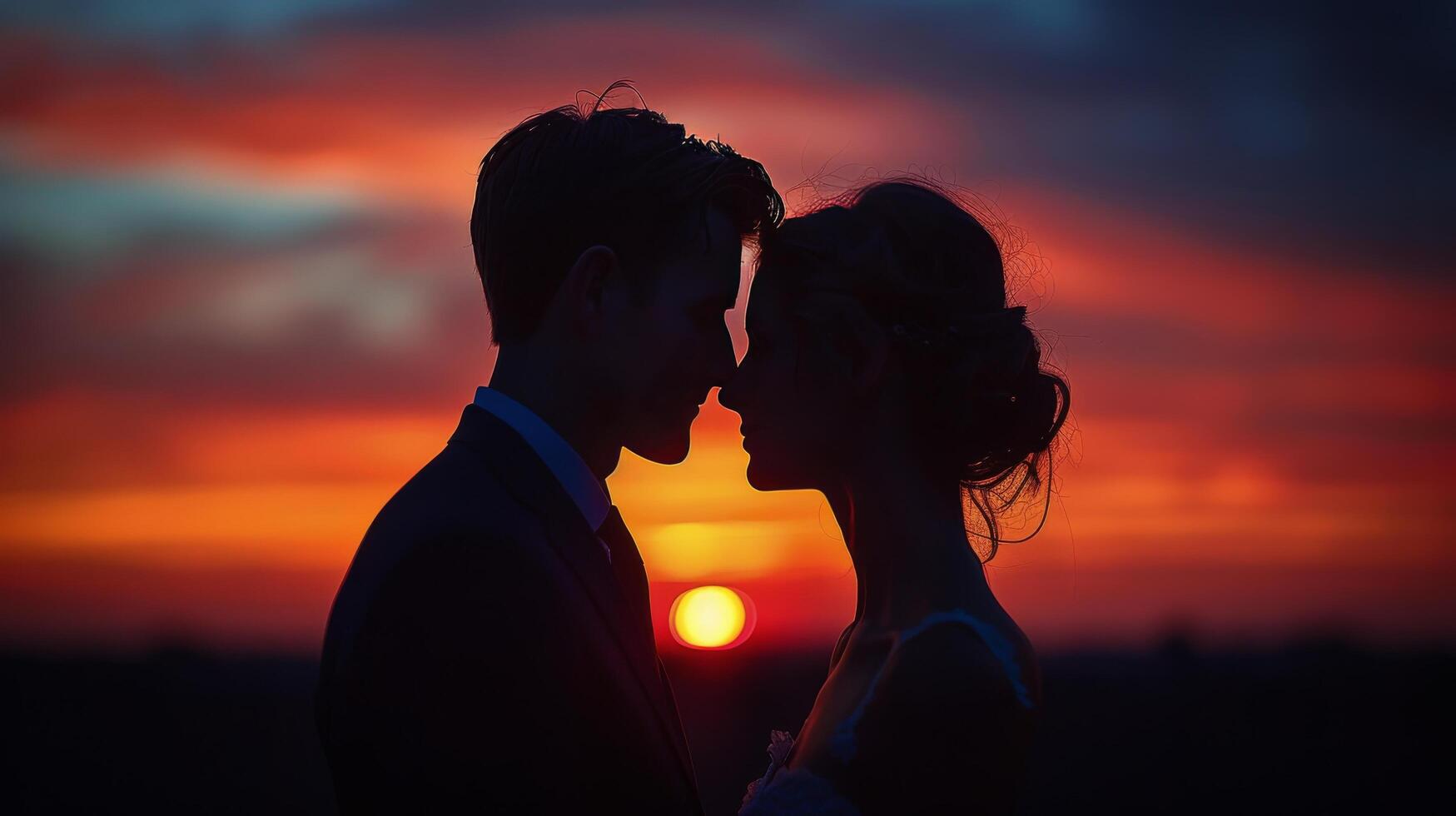 ai generiert Mann und Frau Stehen im Vorderseite von Sonnenuntergang foto