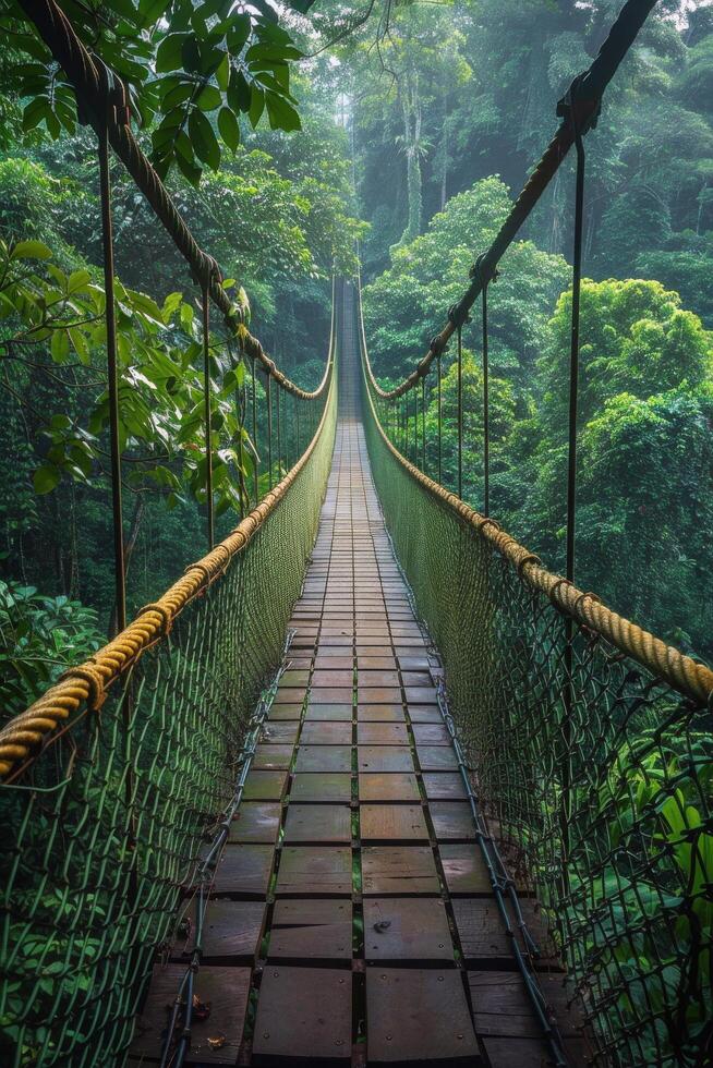 ai generiert Suspension Brücke im das Mitte von ein Urwald foto