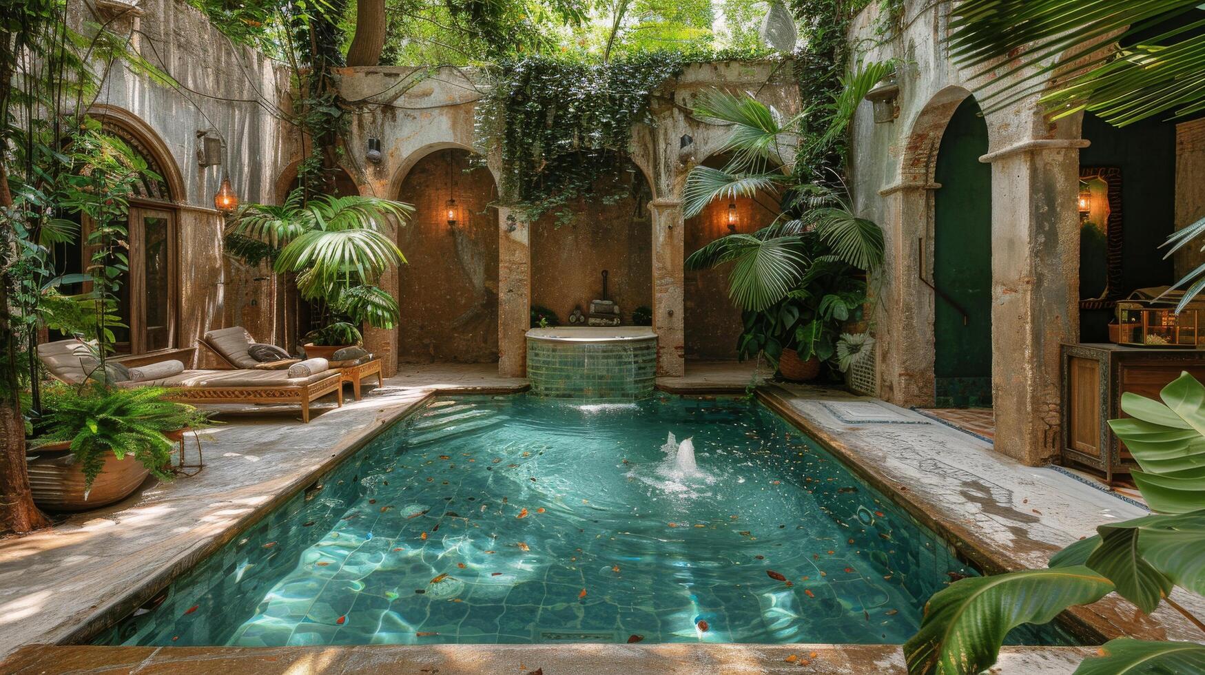 ai generiert Schwimmbad umgeben durch Grün im ein Zuhause foto