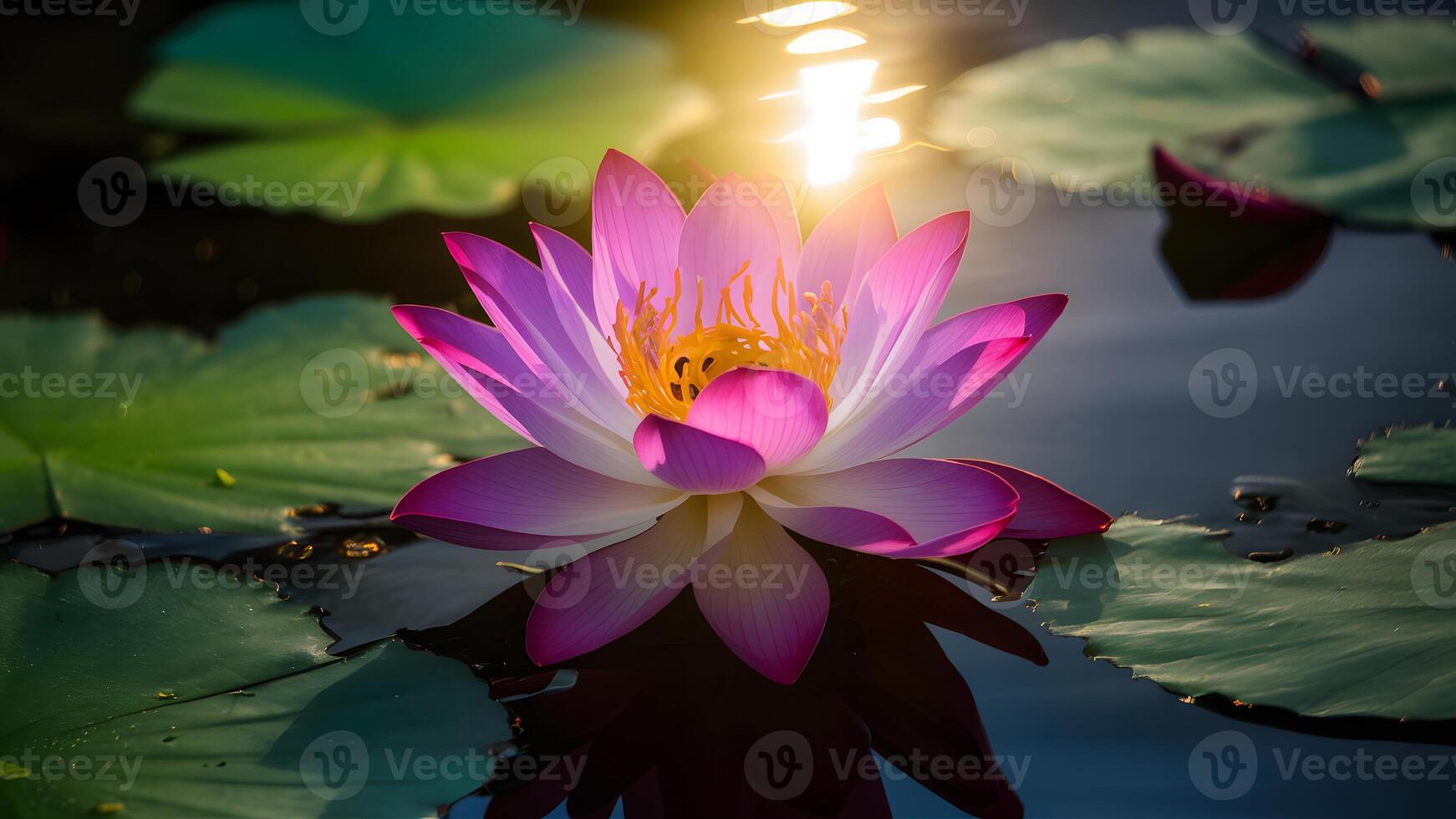 ai generiert lila Lotus Blume mit Regenbogen Ring Licht, Sonne Fackel Betrachtung foto