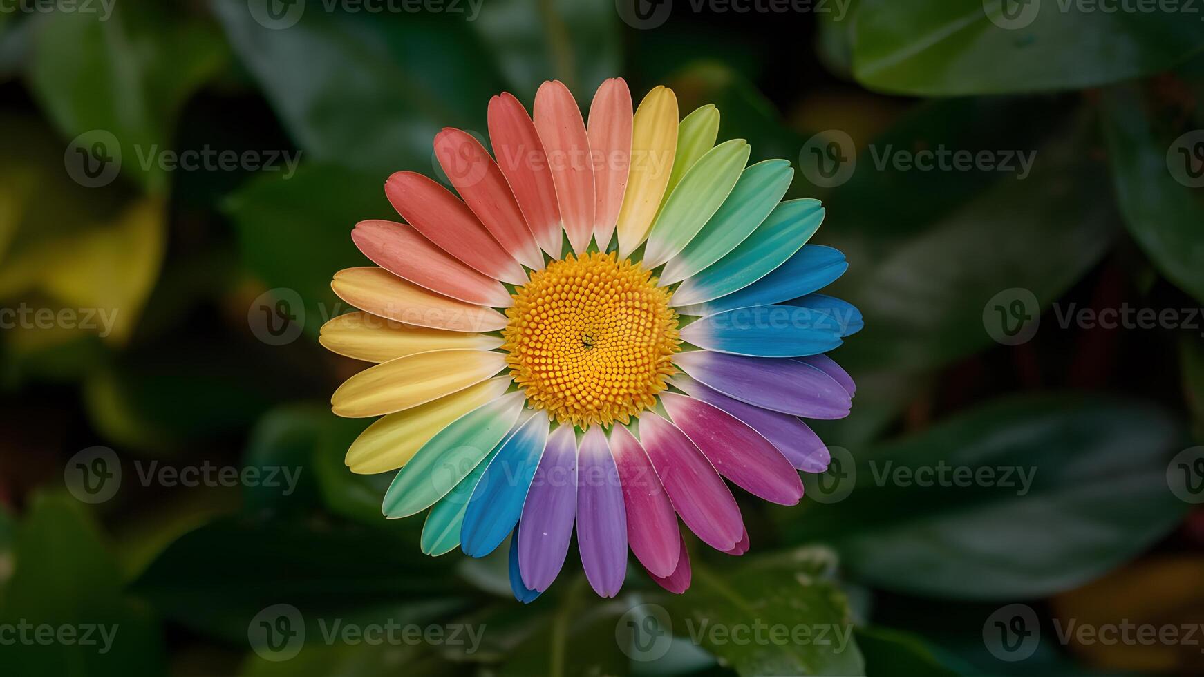 ai generiert beschwingt Gänseblümchen Blume geschmückt mit Regenbogen farbig Blütenblätter foto