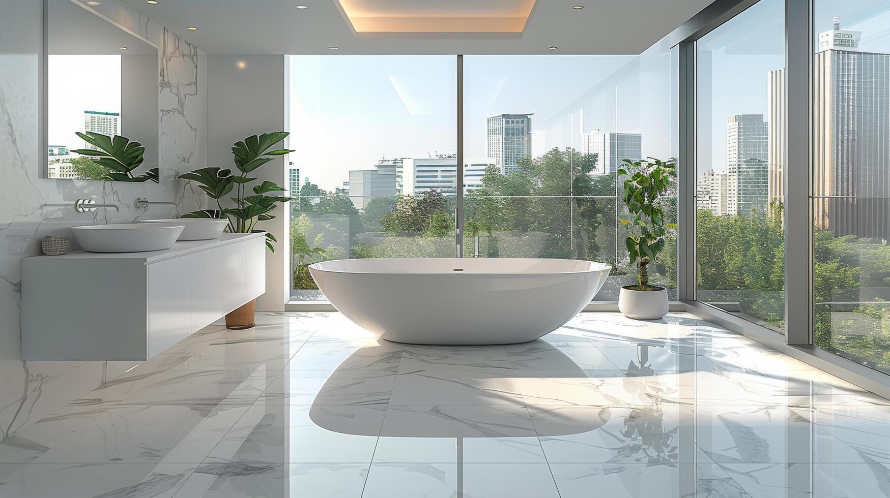ai generiert modern Badezimmer mit Wanne, Waschbecken, und groß Fenster foto
