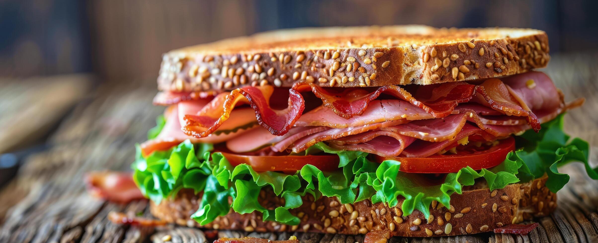 ai generiert Speck Grüner Salat Tomate Sandwich auf hölzern Tafel foto