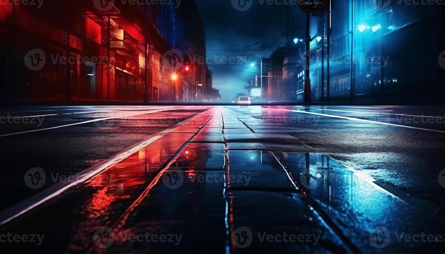 ai generiert dunkel Straße, Betrachtung von Neon- Licht auf nass Asphalt. Strahlen von Licht und rot Laser- Licht im das dunkel. Nacht Aussicht von das Straße, abtract bunt futuristisch Nacht Stadt Hintergrund. foto
