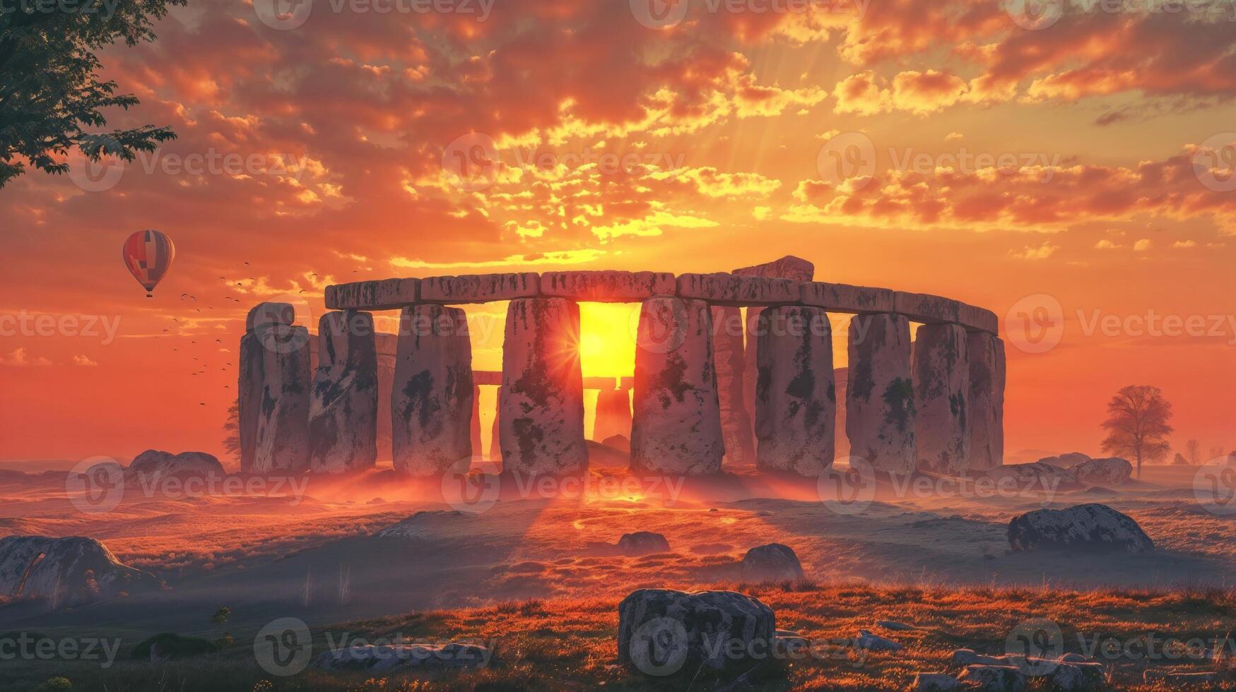 ai generiert Sonnenuntergang Über Stonehenge mit heiß Luft Ballon foto