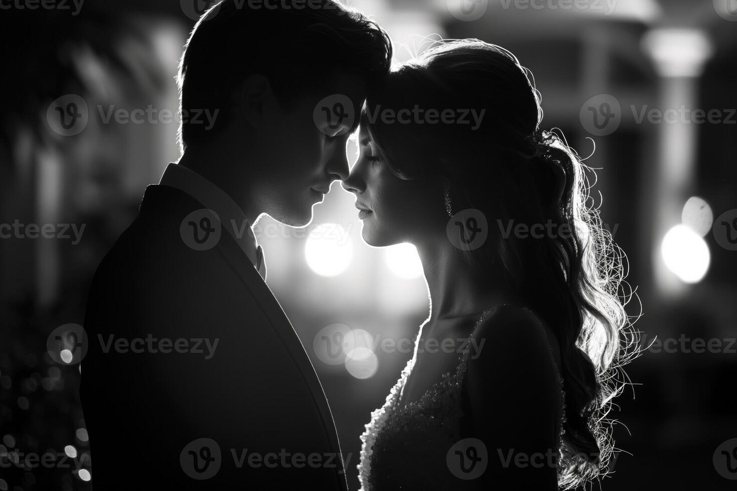 ai generiert schwarz und Weiß Bild von ein Braut und Bräutigam Silhouette im ein zärtlich Moment foto