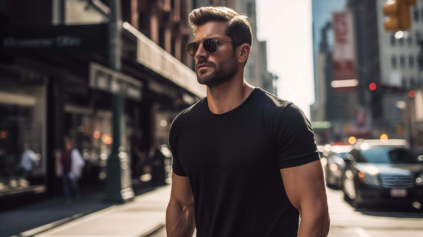 ai generiert ein robust männlich Modell- im ein tailliert schwarz Baumwolle T-Shirt Stehen inmitten ein geschäftig Stadt Straße, Sonnenlicht Gießen Schatten auf seine definiert Merkmale, getragen Denim Jeans ergänzen foto