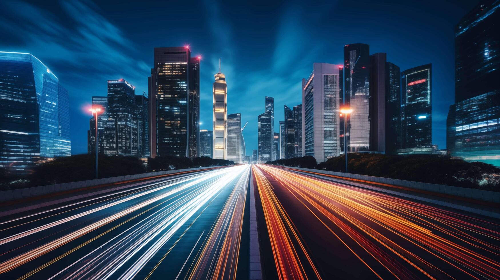 ai generiert ein innovativ, auf dem neuesten Stand elektrisch Fahrzeug Zoomen Nieder ein neonbeleuchtet Autobahn foto