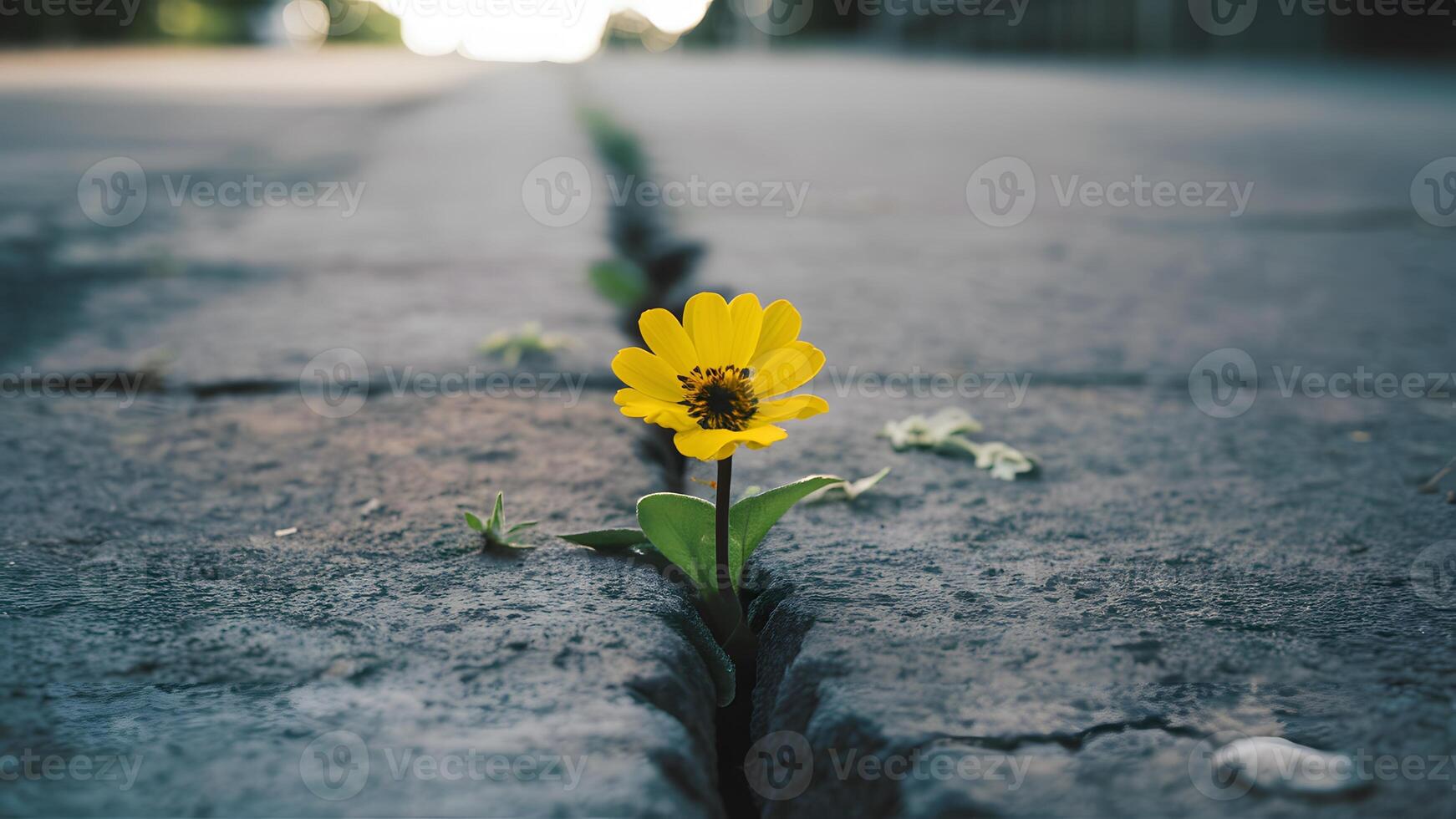 ai generiert Gelb Blume wachsend im Riss auf Straße, symbolisieren hoffen foto