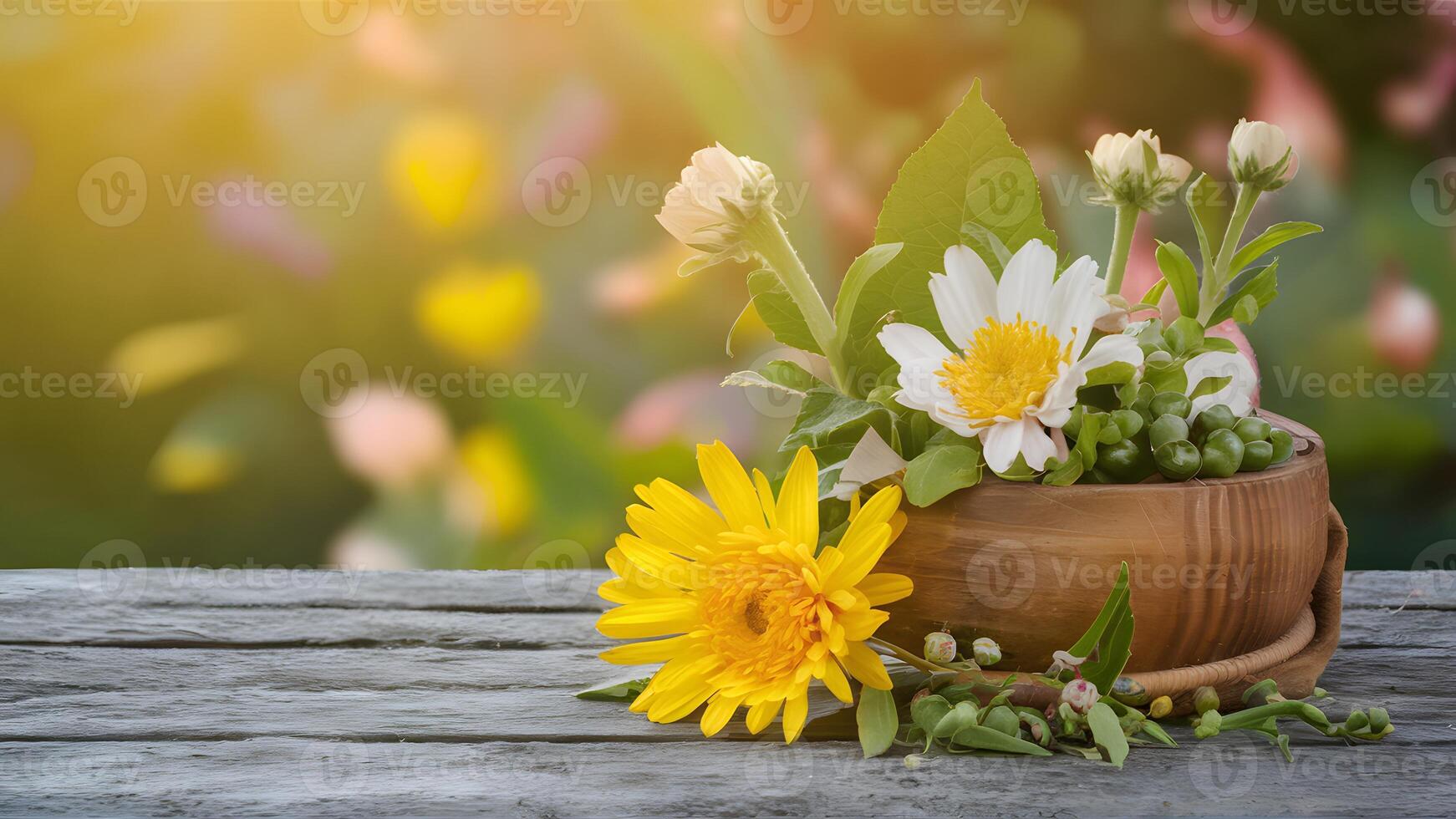 ai generiert Bild hölzern Tabelle oben mit verschwommen Blume Garten Hintergrund zum Montage foto