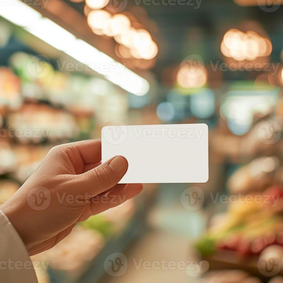 ai generiert Hand präsentieren leer Anerkennung Karte gegen Lebensmittelgeschäft Geschäft Hintergrund zum Sozial Medien Post Größe foto