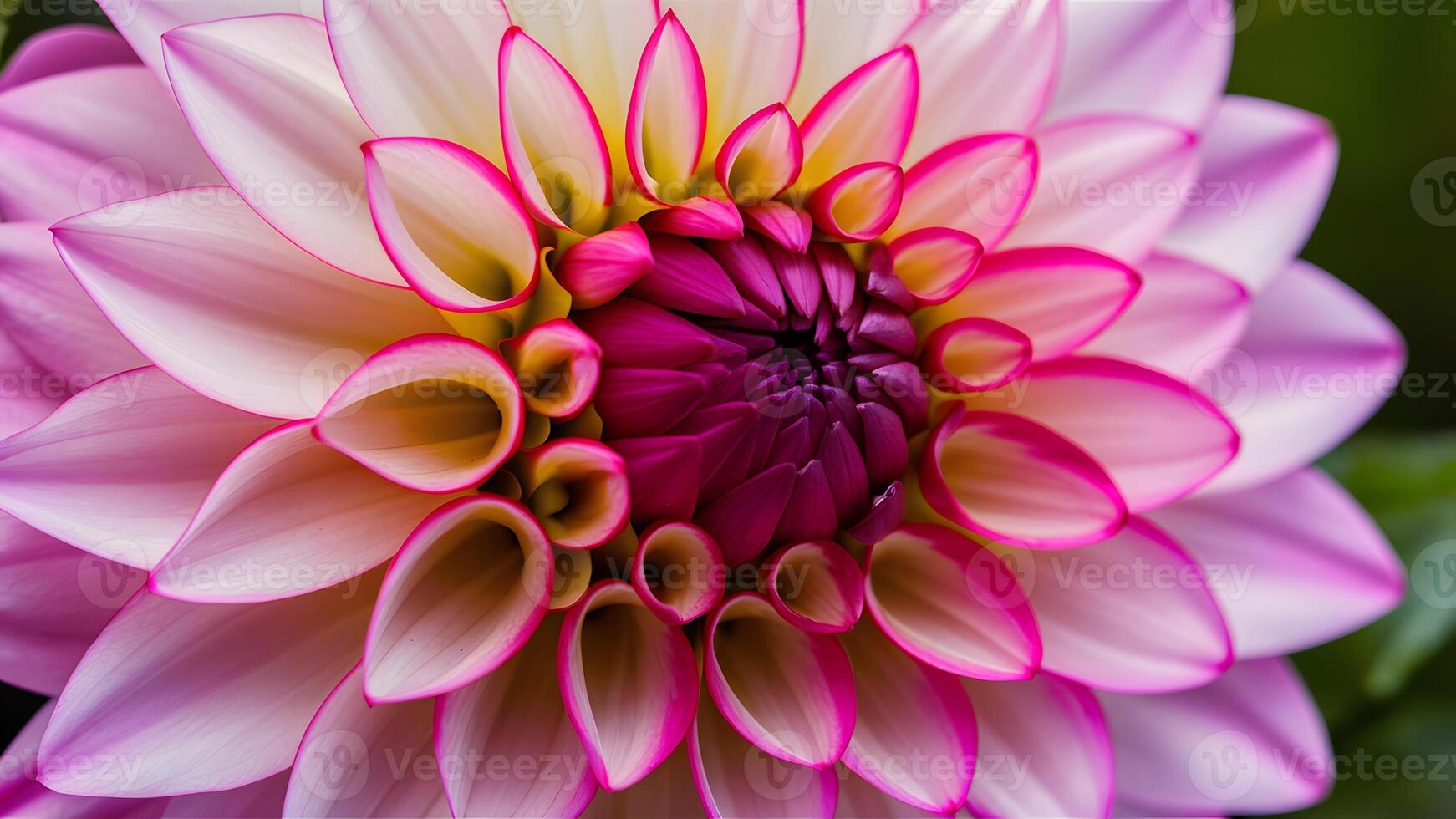 ai generiert ziemlich Rosa Dahlie Blume mit brillant Blütenblatt Muster im Makro foto