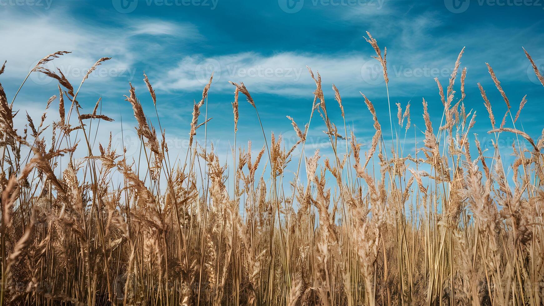 ai generiert schön Sommer- Herbst Feld Gras mit Blau Himmel Hintergrund foto