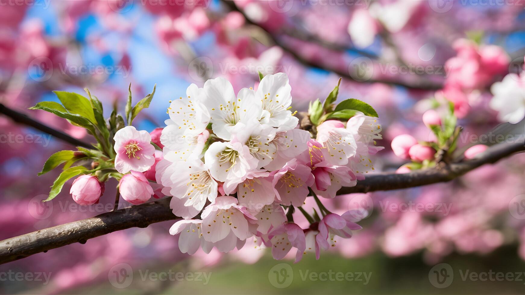 ai generiert Bild flach Tiefe Sakura Blume Kirsche blühen Gruß Karte Hintergrund foto