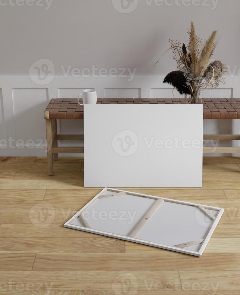 Segeltuch Attrappe, Lehrmodell, Simulation Rahmen auf Fußboden Holz im Kunst Studio, 3d Rendern foto