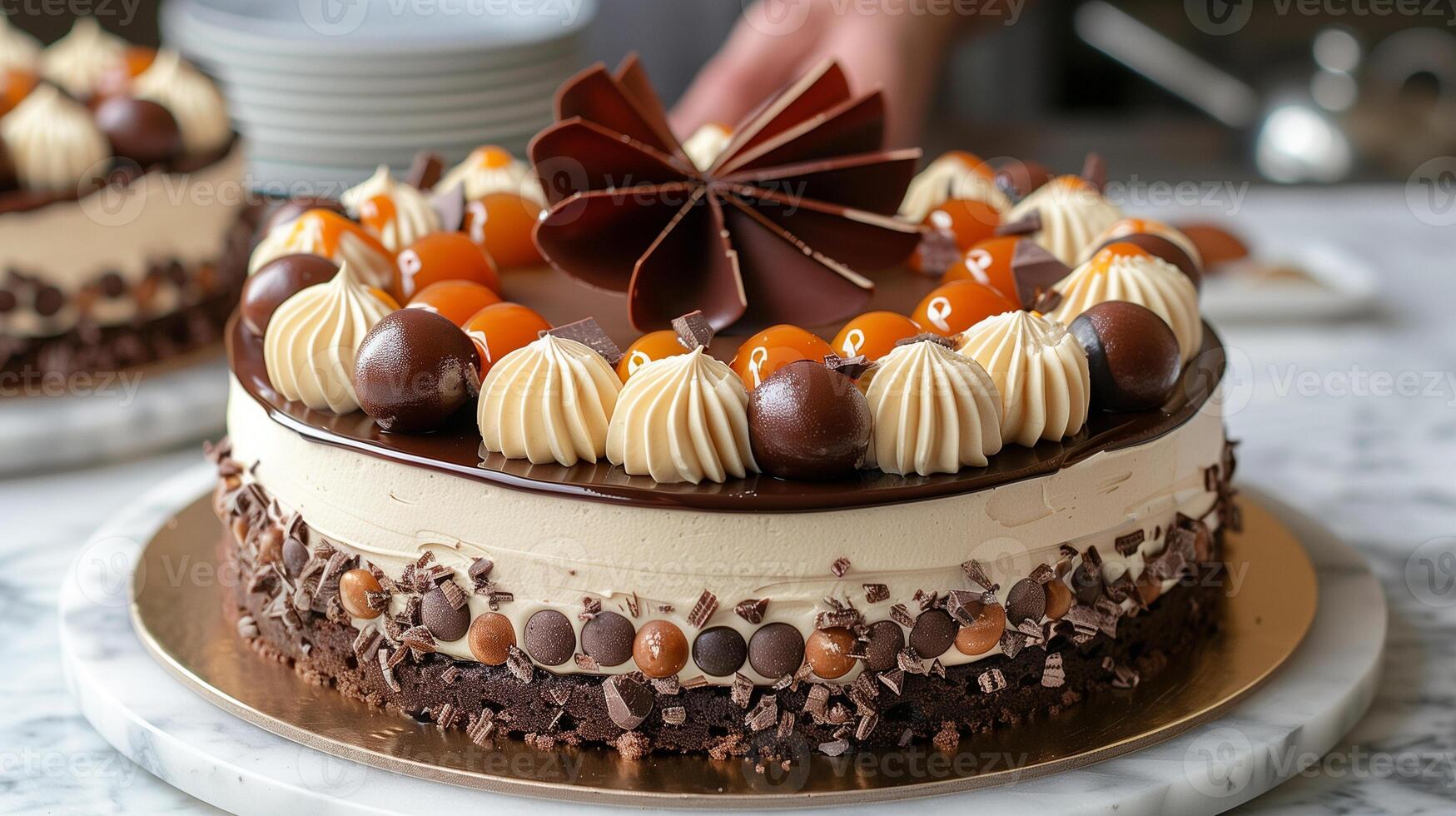 ai generiert Weiß Kuchen mit Koch Hand Hintergrund foto