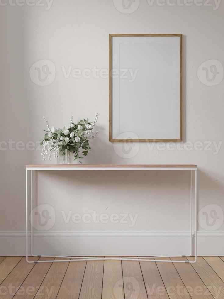 emtpy Rahmen Innere Attrappe, Lehrmodell, Simulation Zimmer Holz Element und gemütlich im Leben Zimmer, Bild Innere, Konsole und Blume Vase hölzern Fußboden Dort im Illustration 3d foto