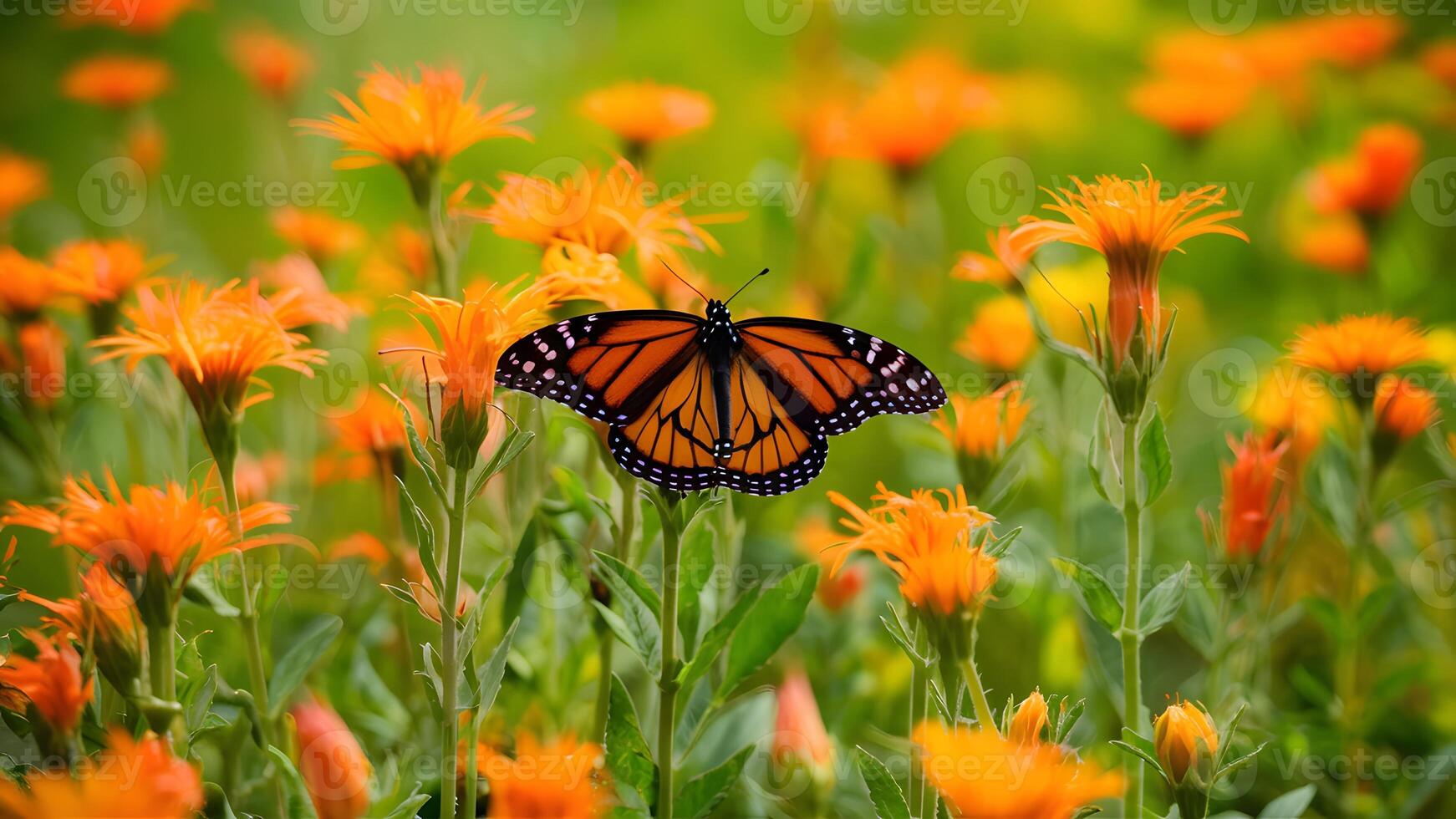 ai generiert Monarch Schmetterling inmitten hell Sommer- Blumen, Makro künstlerisch Bild foto