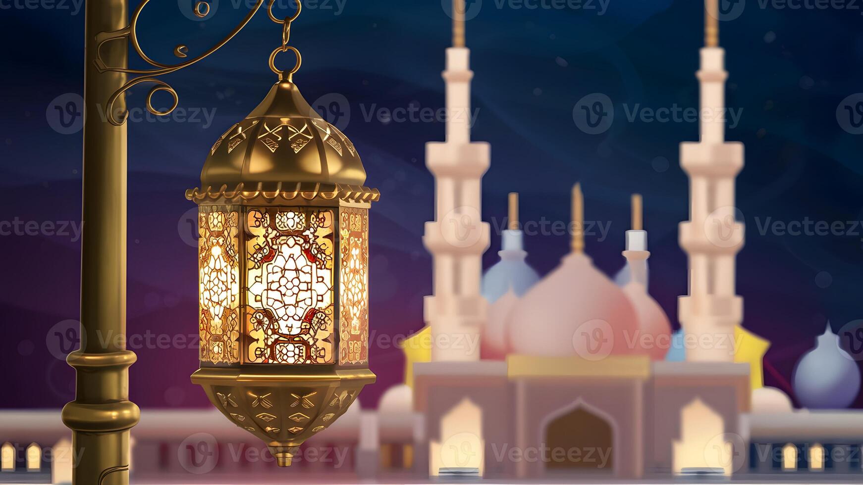 ai generiert islamisch Laterne, Moschee verwischen Hintergrund, feiern eid ul adha foto