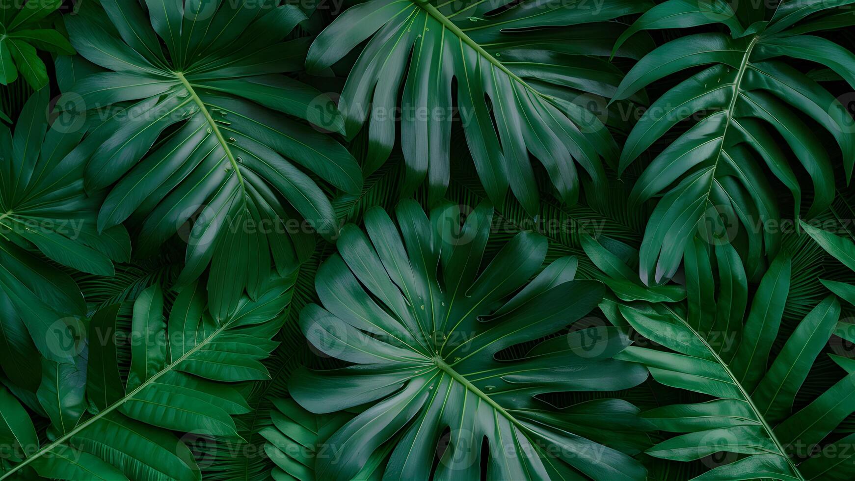 ai generiert Grün tropisch Blätter Hintergrund mit Monstera, Palme, Farn foto